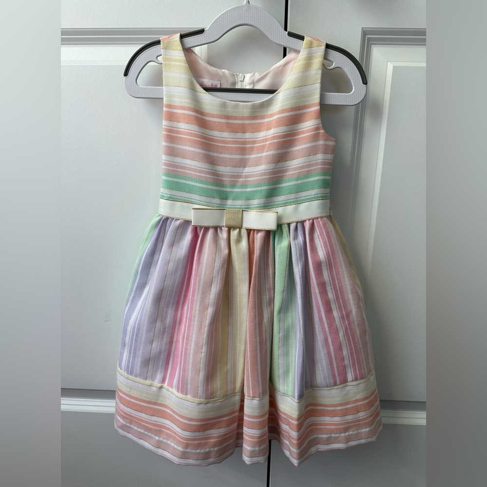 BONNIE JEAN Girls Striped Rainbow Linen Spring Dress (Size 4)